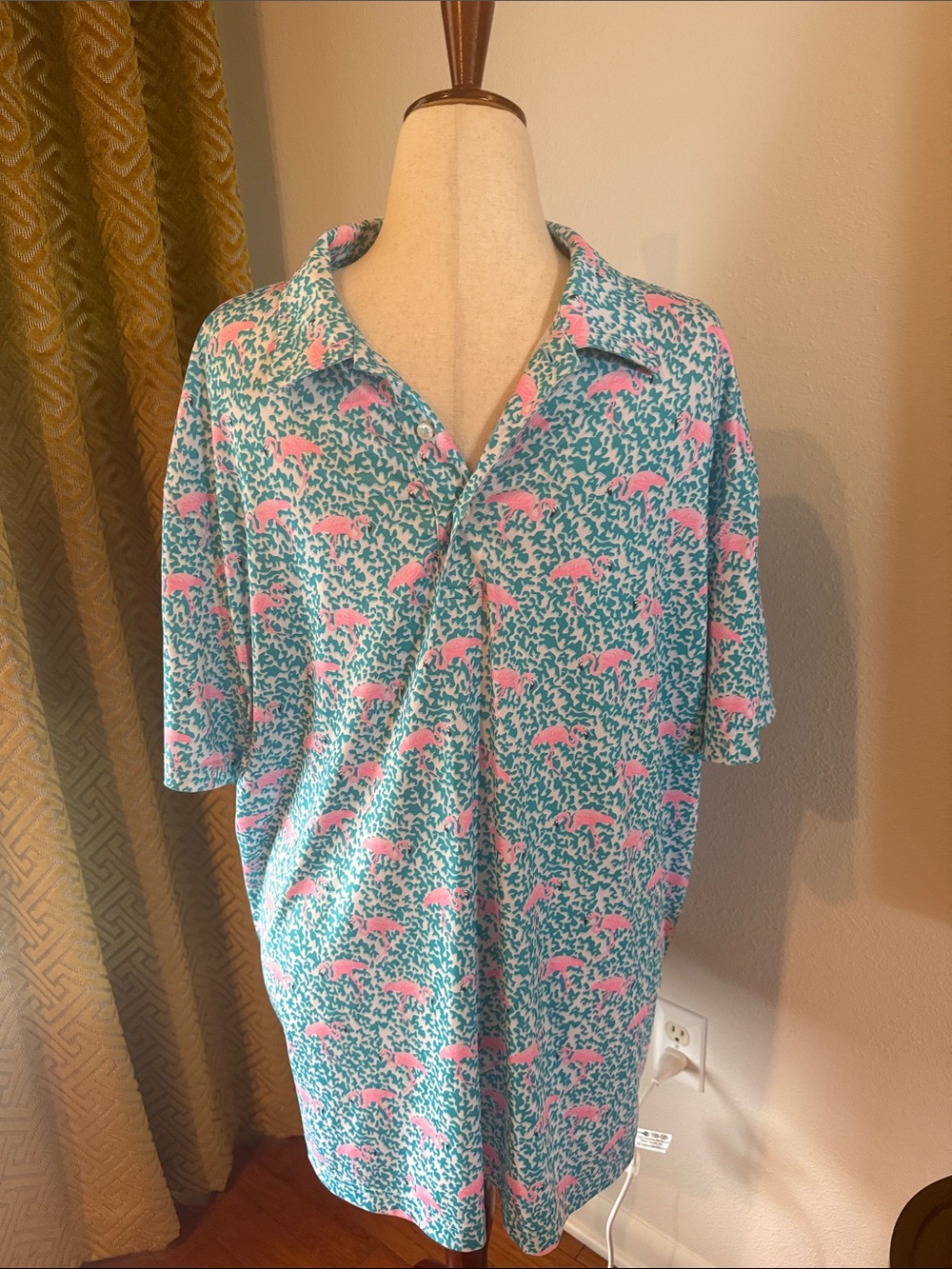 chubbies Teal Polo Shirt with Pink Flamingo Print
